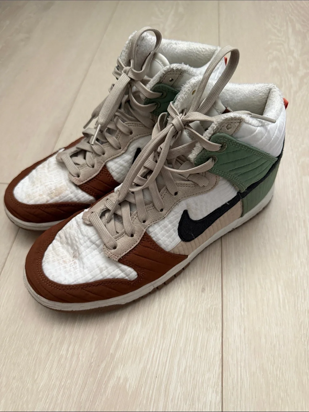 Nike Next Nature Toasty White Brown Green Dunks Sneakers with Black Swoosh